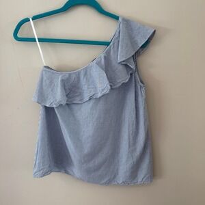 Ann Taylor Factory Blue White Stripe One Shoulder Ruffle Top Womens XS
